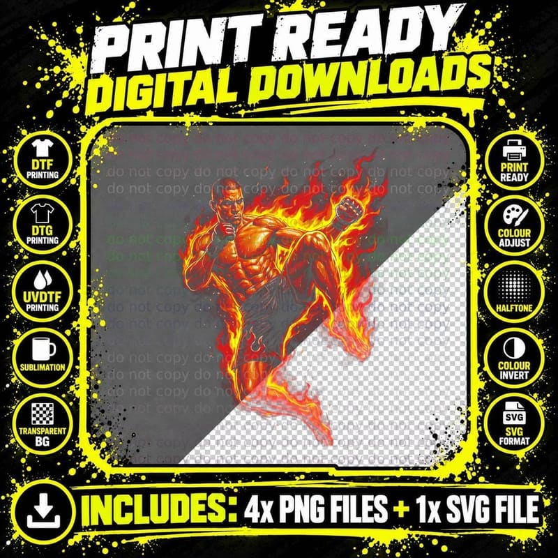 MMA Fighter in Flames T-Shirt, Boxing Champ Tee Png SVG Digital Bundle