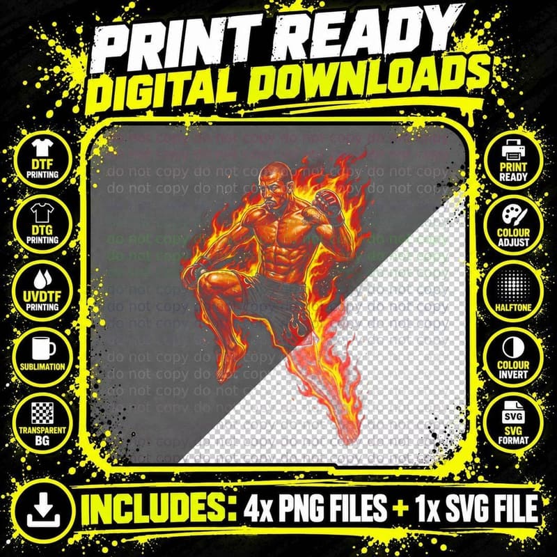 MMA Fighter in Flames T-Shirt, MMA Fight Tee Png SVG Digital Bundle