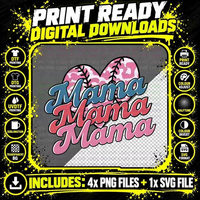 Mama Sport Mom T-Shirt, Baseball-Themed Heart Pattern Png SVG Digital Bundle
