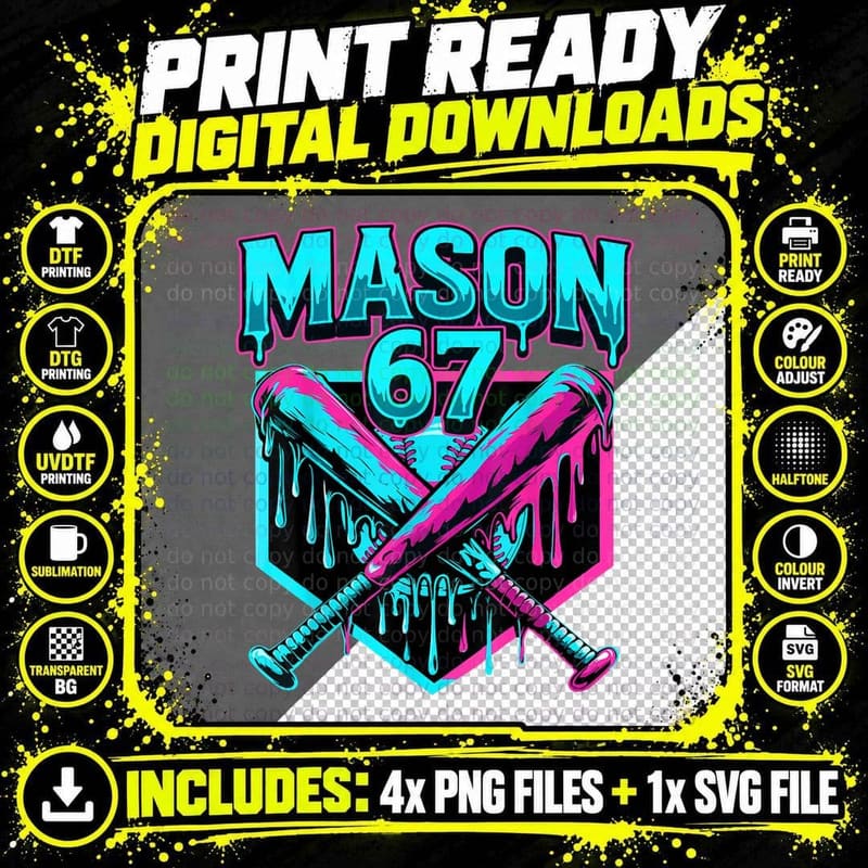 Mason Six Seven Tee, Baseball Shirt, Cool Number 67 Png SVG Digital Bundle