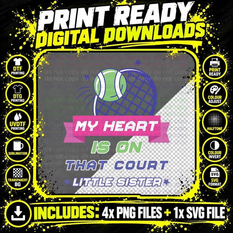 My Heart Is on That Court Tennis Little Sister Png SVG Digital Bundle