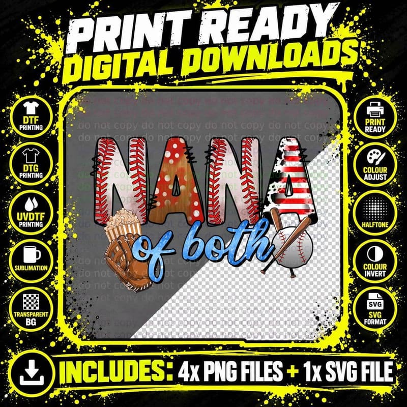 Nana of Both Sport Mom T-Shirt, Baseball-Themed Graphic Png SVG Digital Bundle