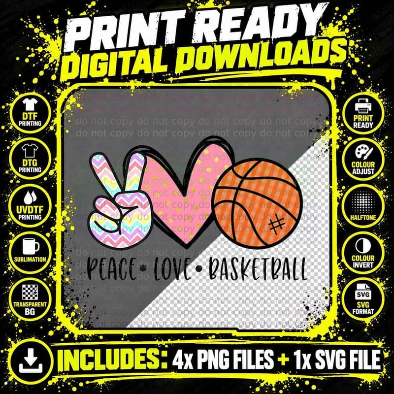 Peace Love Basketball Heart for Women Teens Tween Girls Png SVG Digital Bundle