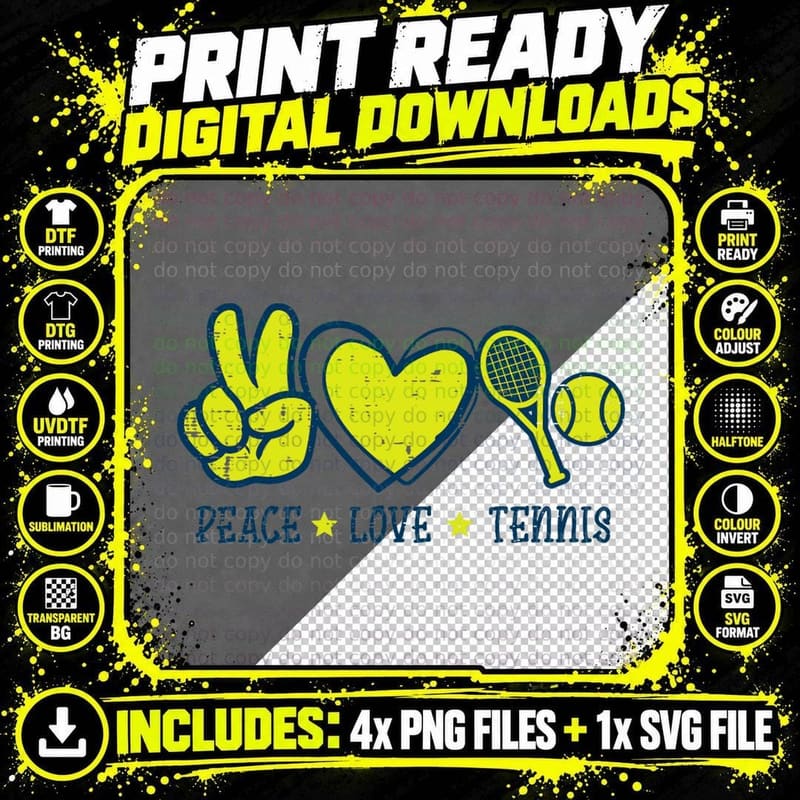 Peace Love Tennis Cool Player Coach Hippie Men Women Png SVG Digital Bundle