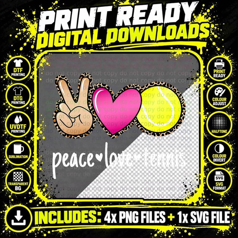 Peace Love Tennis Leopard Print Girls Women Tennis Png SVG Digital Bundle