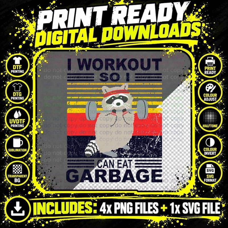 Raccoon Workout Vintage T-Shirt, Funny Gym Print Png SVG Digital Bundle