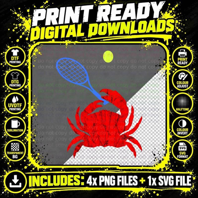 Red Crab Tennis Player Tennis Racquet Shellfish Png SVG Digital Bundle