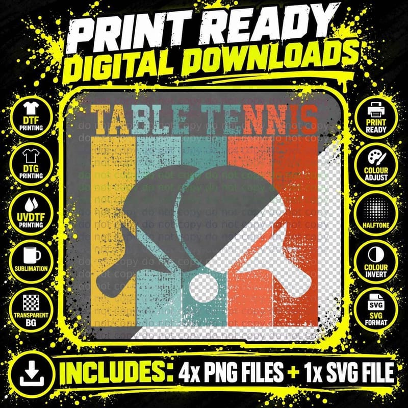 Retro Table Tennis, Vintage Ping Pong, Sports Png SVG Digital Bundle