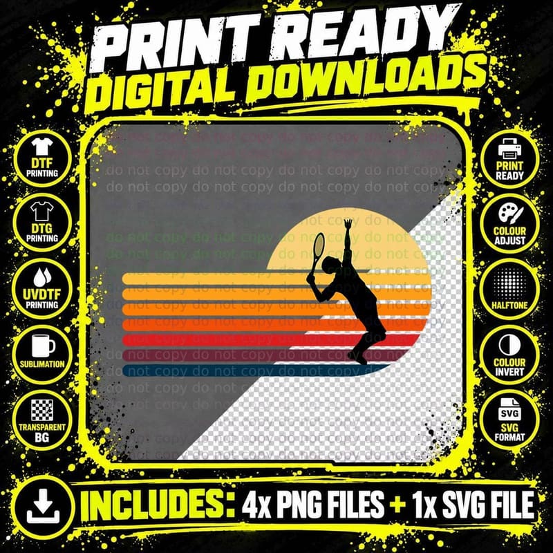 Retro Tennis Shirt Vintage Tennis Serve Retro Sunset Png SVG Digital Bundle