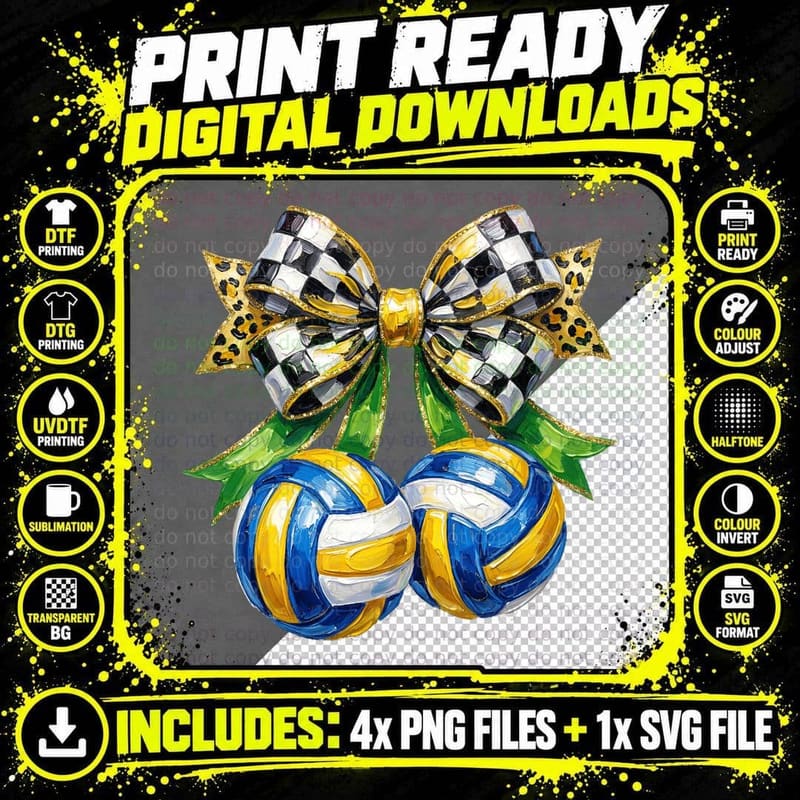 Soccer Balls & Checkered Bow Volleyball T-Shirt Png SVG Digital Bundle