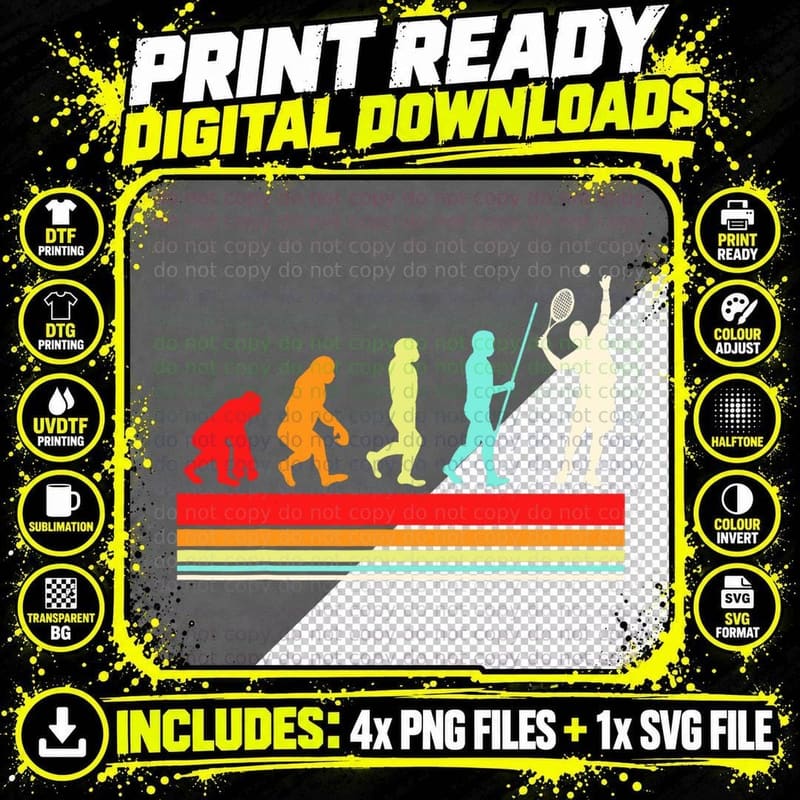Tennis Player Evolution Retro Vintage Color Mens & Png SVG Digital Bundle