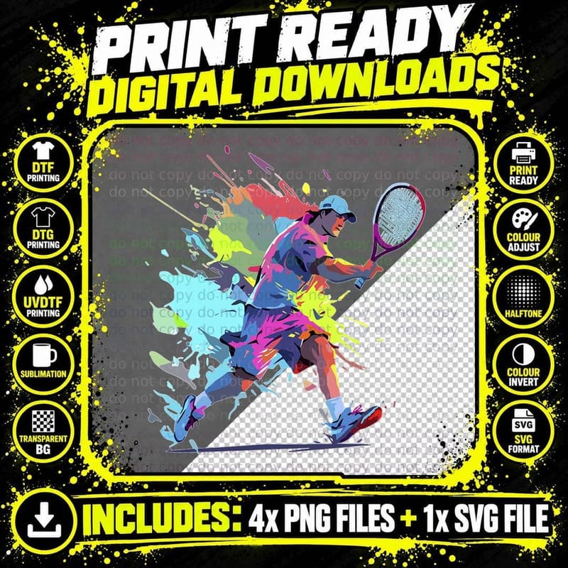 Tennis Player Paint Splash Tennis Racket T-Shirt Png SVG Digital Bundle