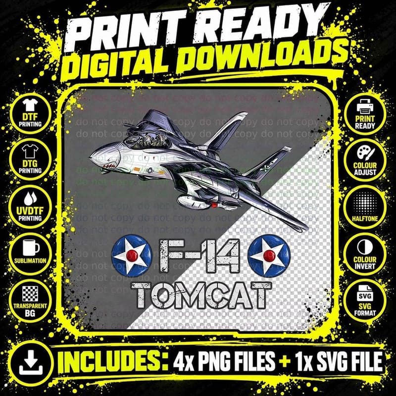 Vintage F-14 Tomcat Fighter Jet Military Aviation Gift Png SVG Digital Bundle
