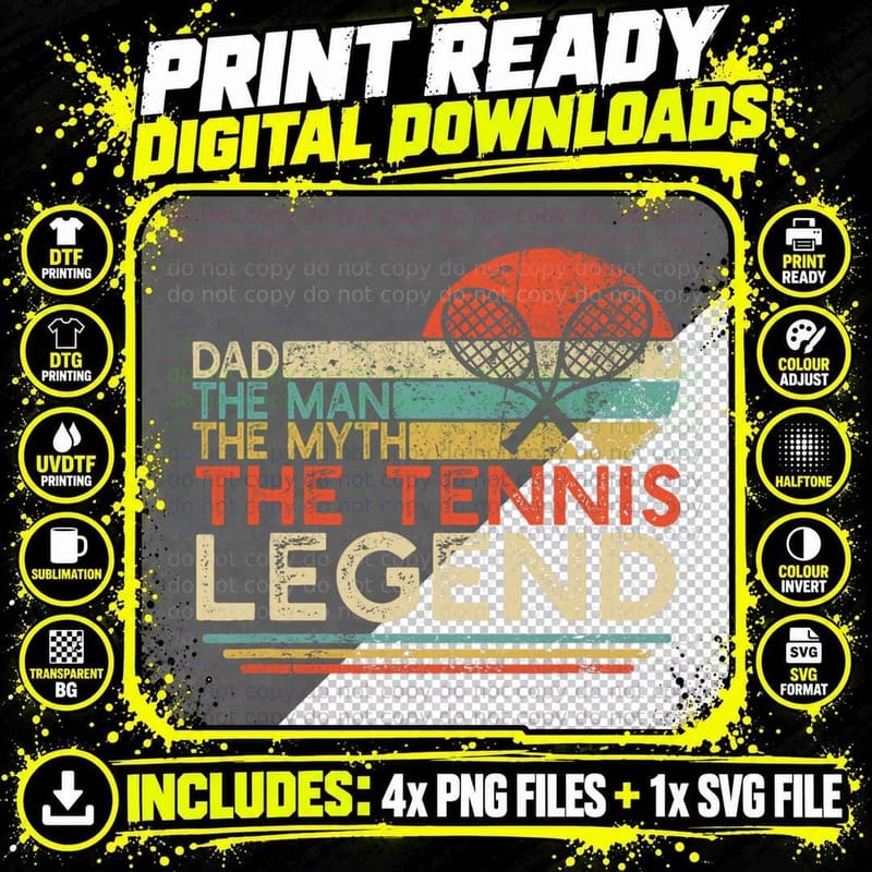 Vintage Tennis Player Dad the Man the Myth the Tennis Png SVG Digital Bundle