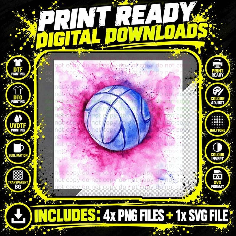 Watercolor Basketball on Pink Splatter Volleyball T-Shirt Png SVG Digital Bundle