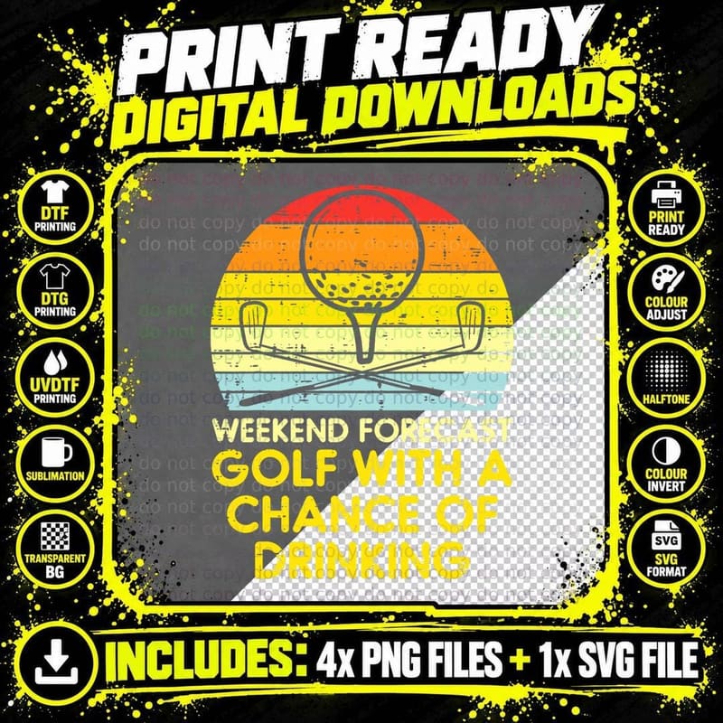 Weekend Forecast Golf Drinking Sunset Retro Golfing Png SVG Digital Bundle