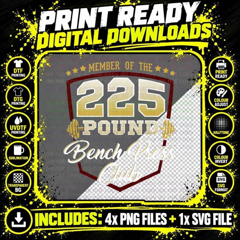 225 Pound Bench Press Club Bodybuilding Gym Png SVG Digital Bundle