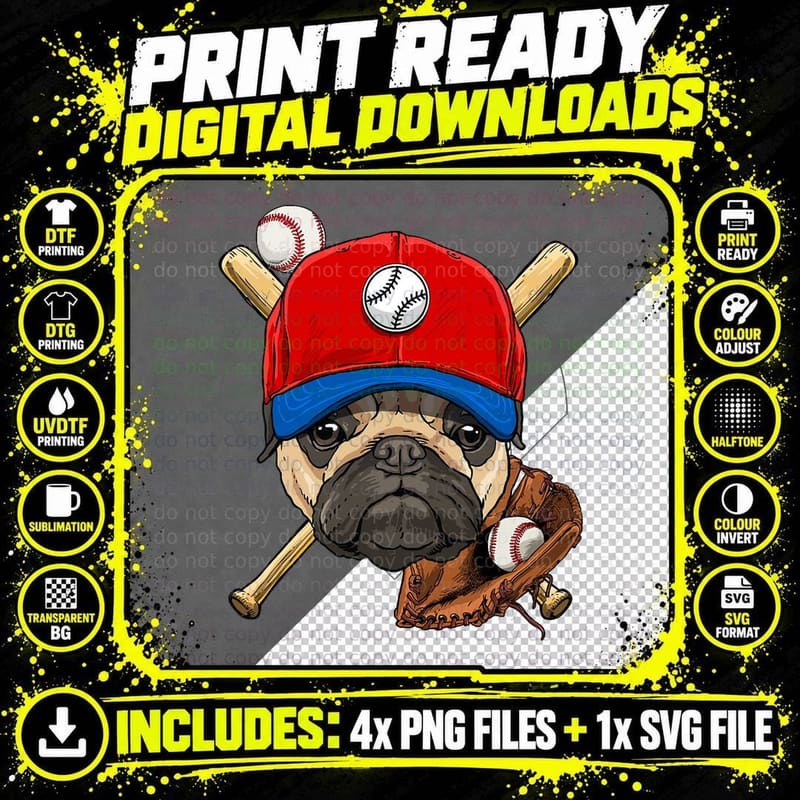 Baseball Player Coach Pug Dog Lover Pug Mom Catcher Png SVG Digital Bundle