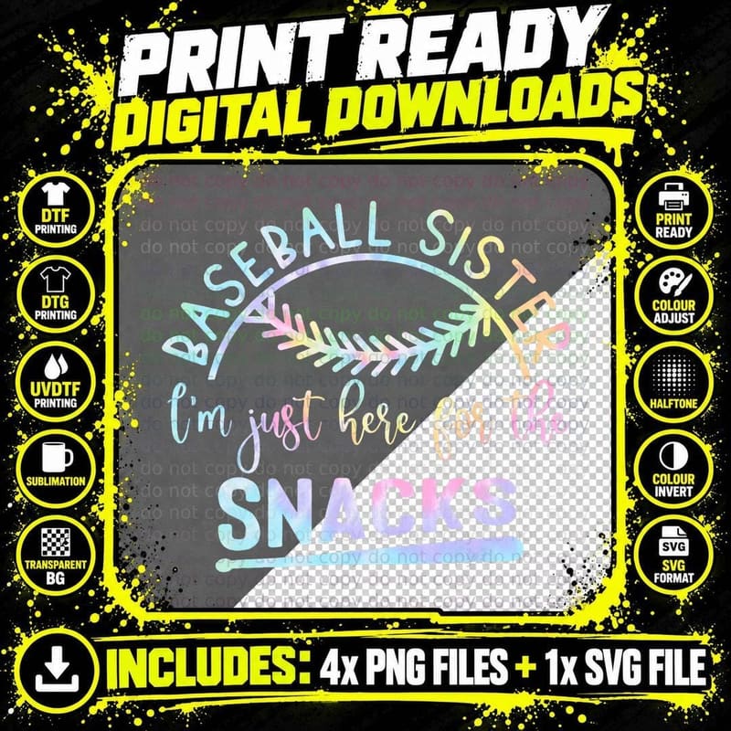 Baseball Sister I'm Just Here for the Snacks Retro B Tie Png SVG Digital Bundle
