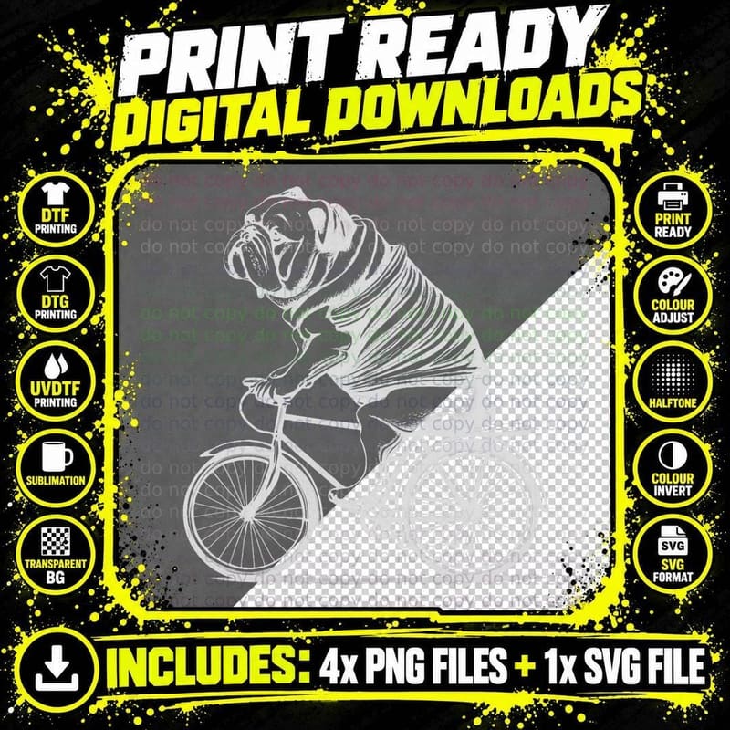 Bulldog Riding a Bike Bicycle Cycling Dog Lover Biker Png SVG Digital Bundle