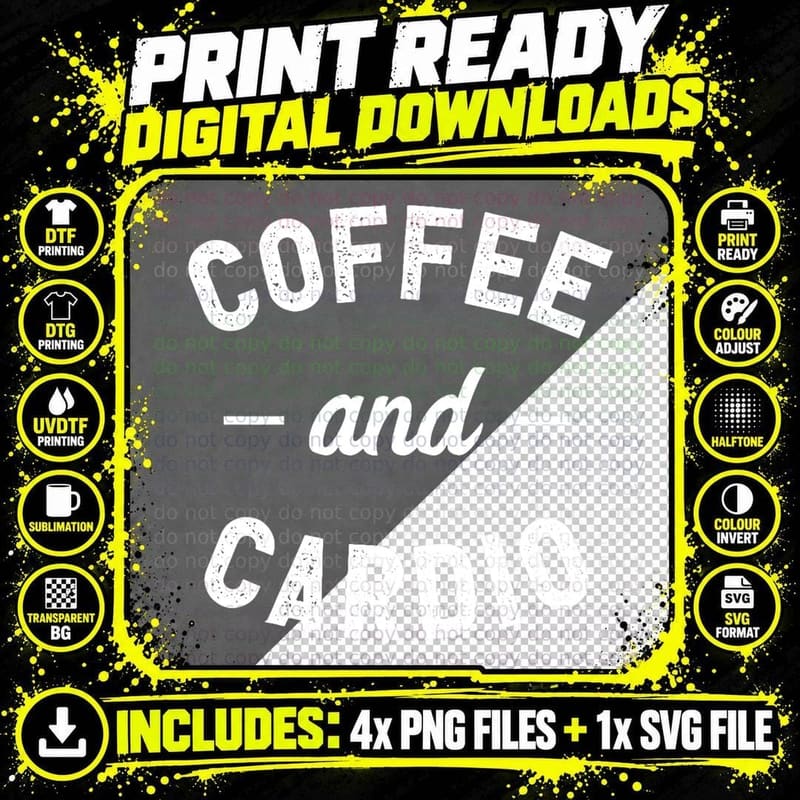 Coffee and Cardio Workout Funny Gym Png SVG Digital Bundle
