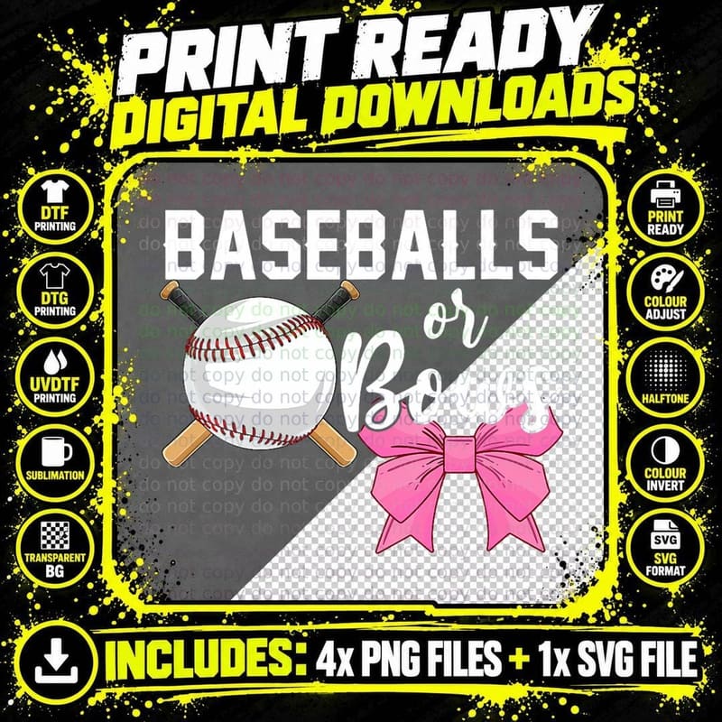 Cute Baseballs or Bows Gender Reveal Cute Baseball Png SVG Digital Bundle