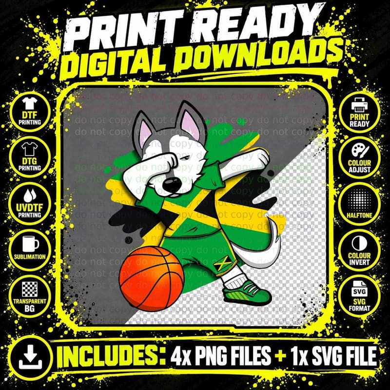 Dabbing Husky Jamaica Basketball Fans Jersey Jamaican Png SVG Digital Bundle