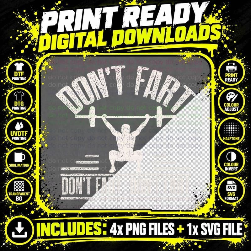 Don't Fart Funny Fitness Gym Workout Weights Squat Png SVG Digital Bundle