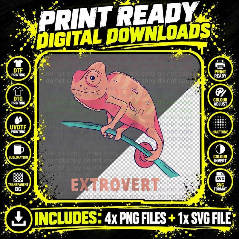 Extrovert Lizard Reptile Chameleons Png SVG Digital Bundle