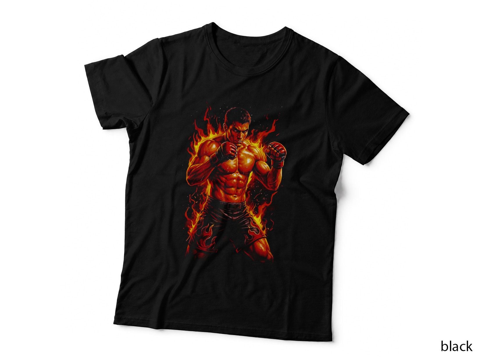 Flaming Muscular Fighter Serious T-Shirt, Combat Sports Fan Graphic Tee