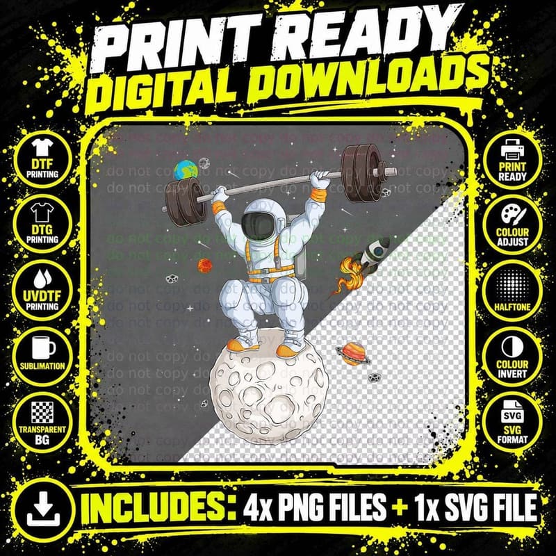 Funny Astronaut Space Weightlifting Fitness Gym Workout Png SVG Digital Bundle