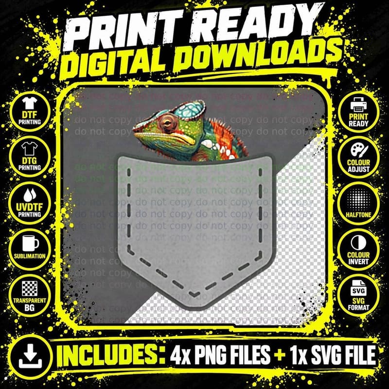 Funny Chameleon Reptile in Your Pocket Png SVG Digital Bundle