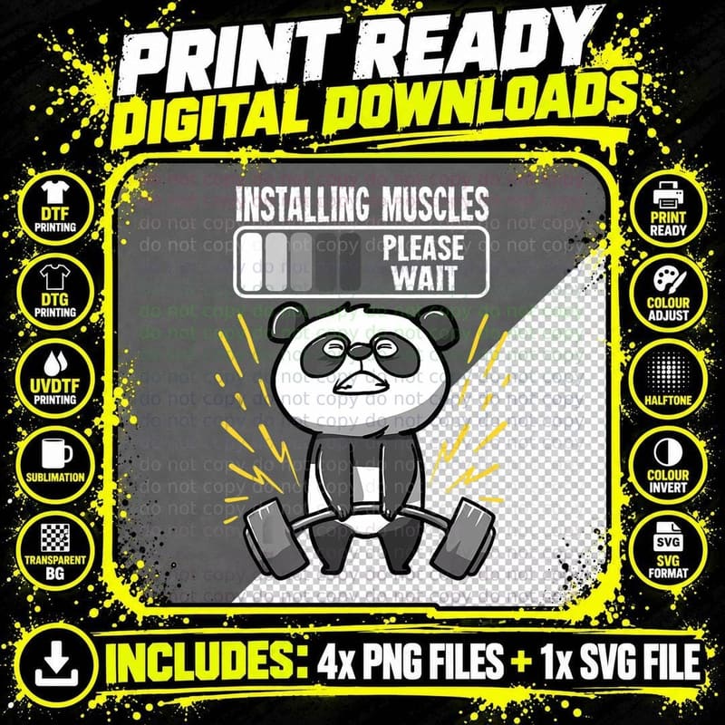 Funny Panda Installing Muscles Please Wait Gym Fitness Png SVG Digital Bundle
