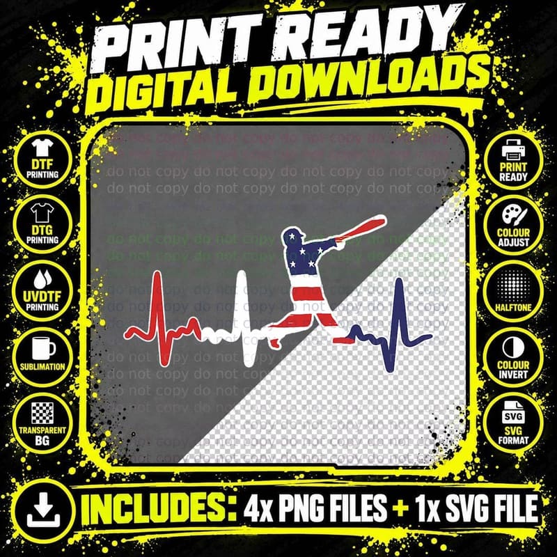 Heartbeat Baseball Batter with Bat Baseball Flag T-Shirt Png SVG Digital Bundle