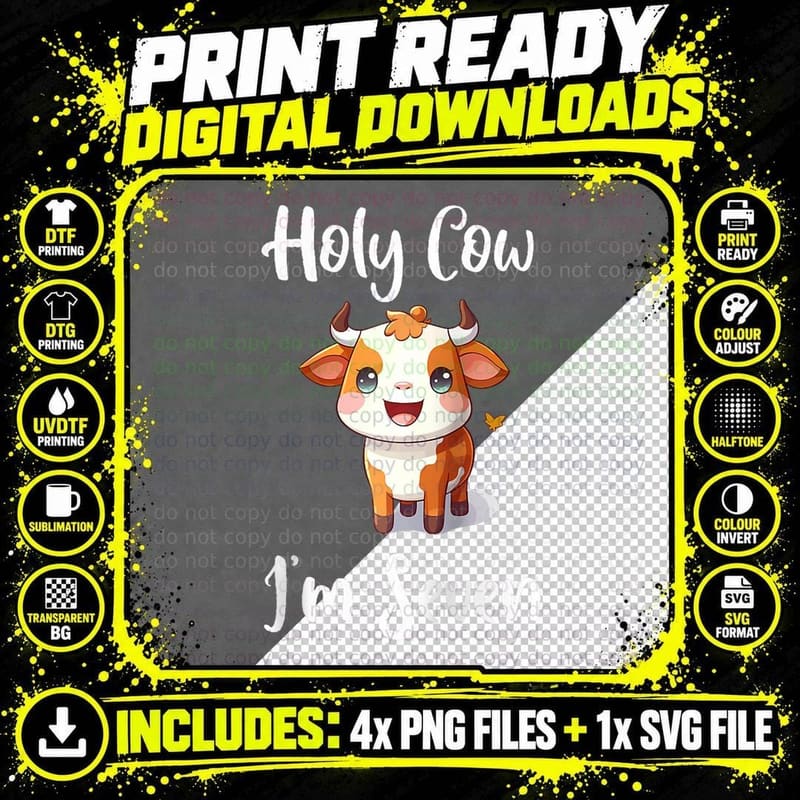 Holy Cow I'm Seven Kids Birthday Celebration Gift T-Shirt Png SVG Digital Bundle