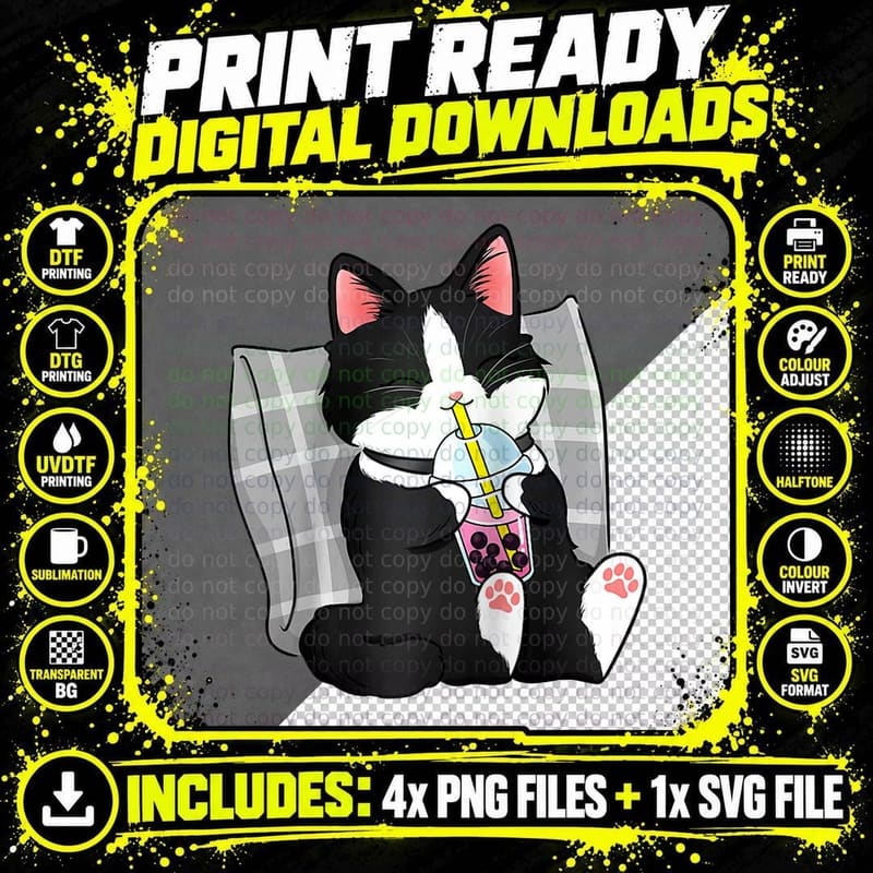 Kawaii Tuxedo Anime Neko Cat for Boba Bubble Milk Tea Png SVG Digital Bundle