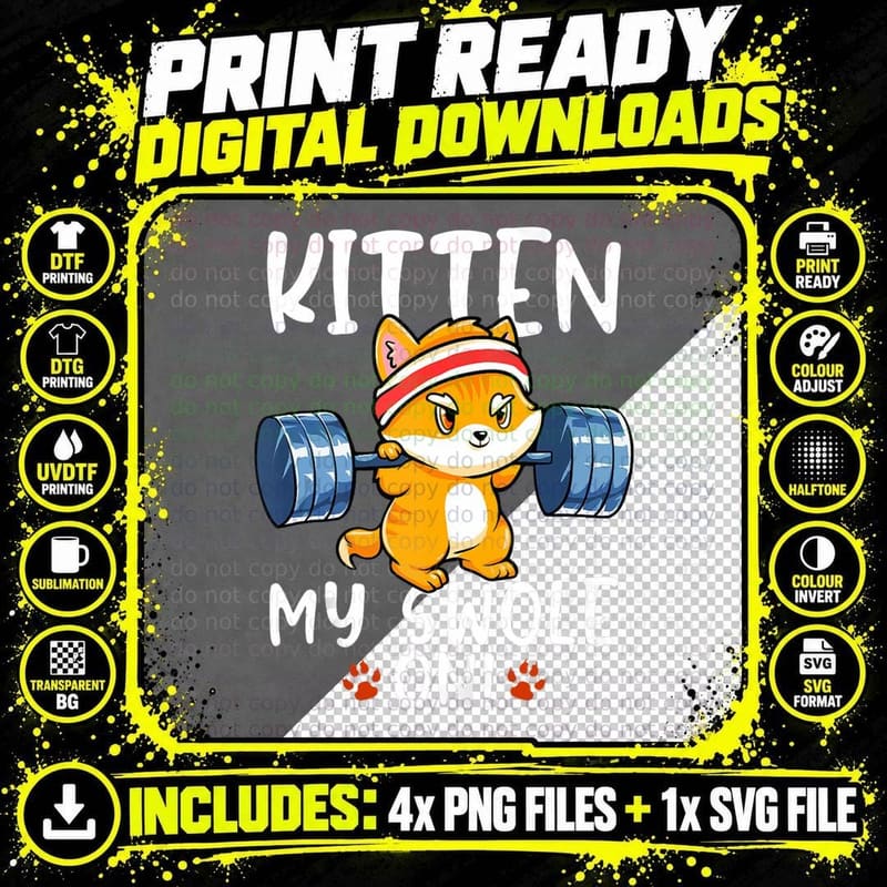 Kitten My Swole on Cat Workout Kitty Gym Exercise Png SVG Digital Bundle