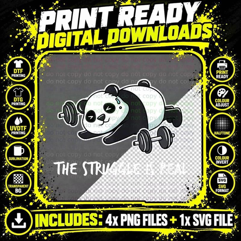 Lazy Gym Panda the Struggle Is Real Png SVG Digital Bundle