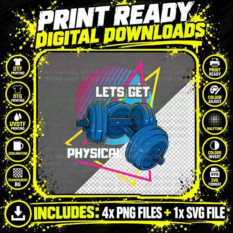 Lets Get Physical Workout Gym Fitness Rad 80's Lover Png SVG Digital Bundle