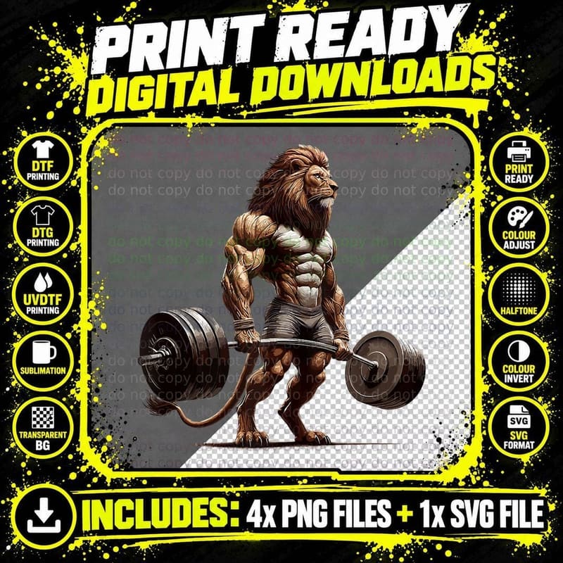 Lion Deadlifting Gym Humour Weightlifting Fitness Png SVG Digital Bundle