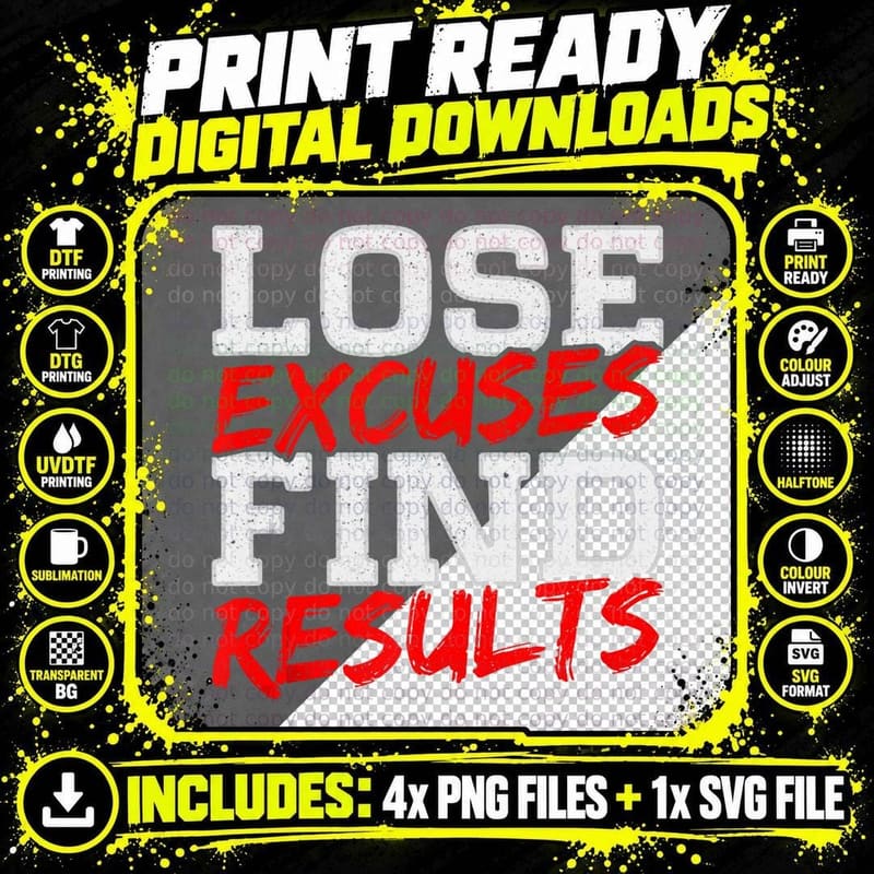 Lose Excuses Find Results Inspirational Workout Gym Png SVG Digital Bundle