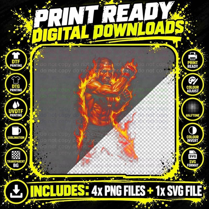 MMA Fighter T-Shirt, Fire Fist Print, Knockout Power Tee Png SVG Digital Bundle