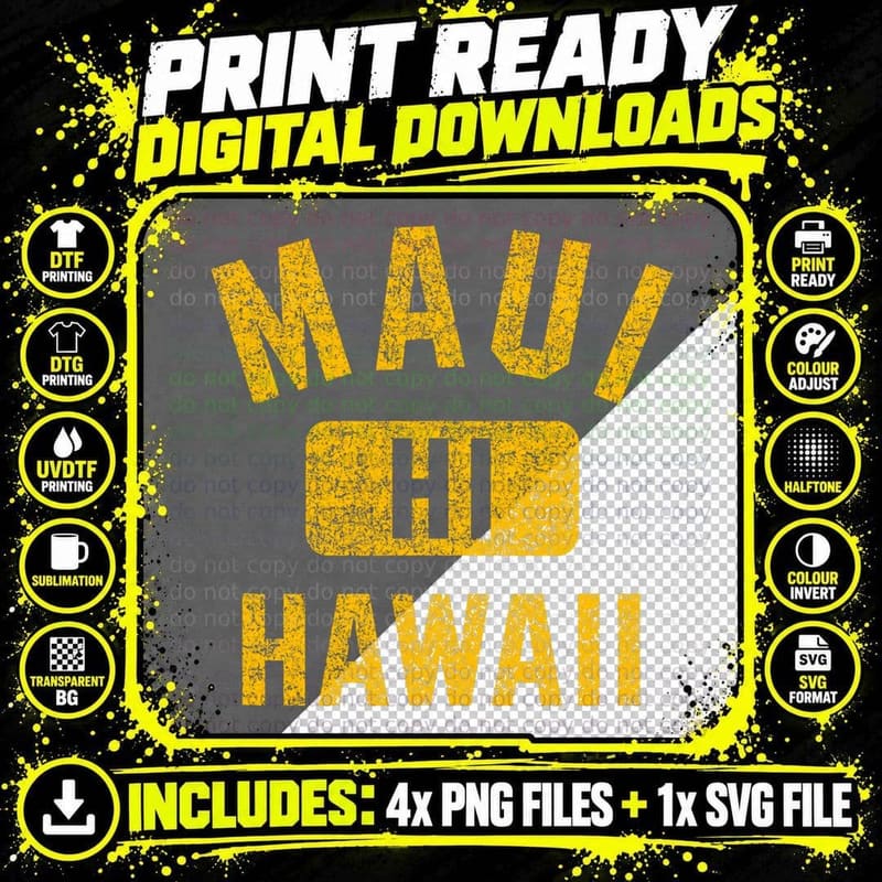 Maui Hawaii Gym Style Distressed Amber Print T-Shirt Png SVG Digital Bundle