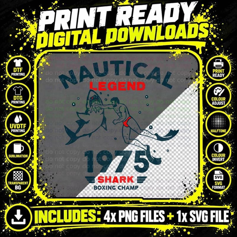 Nautical Legend Shark Boxing Champ 1975 T-Shirt Png SVG Digital Bundle