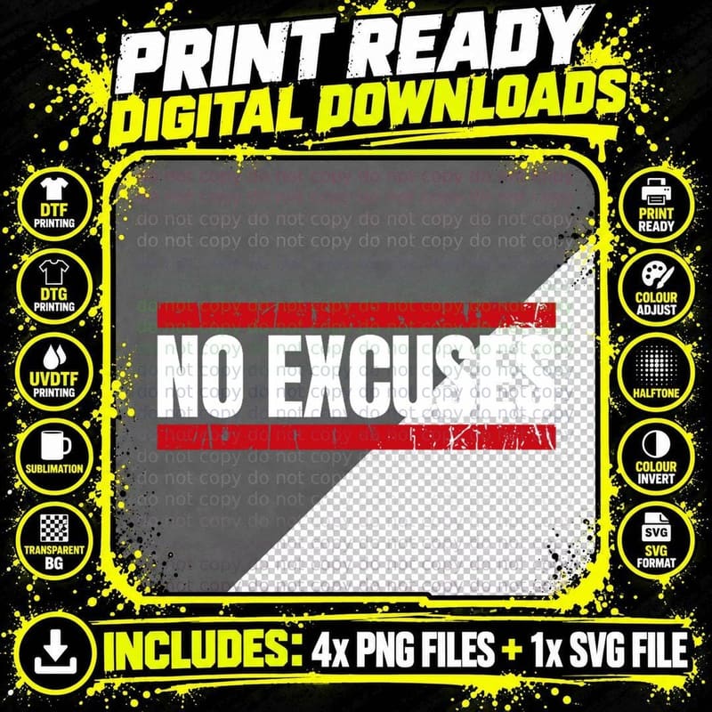 No Excuses Inspirational Saying Motivational Gym Workout Png SVG Digital Bundle