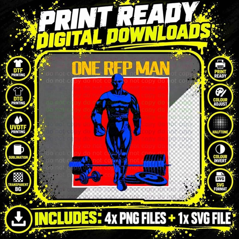 One Rep Man Weightlifting Bodybuilding Gym Workout Png SVG Digital Bundle