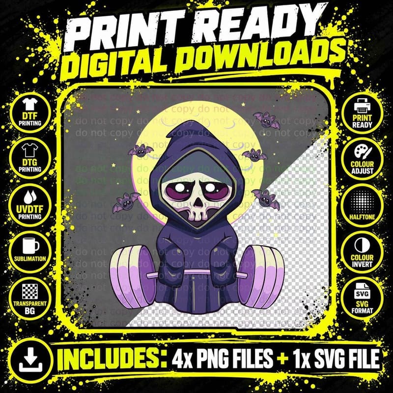 Pastel Goth Kawaii Deadlift Reaper in Gym Weightlifting Png SVG Digital Bundle