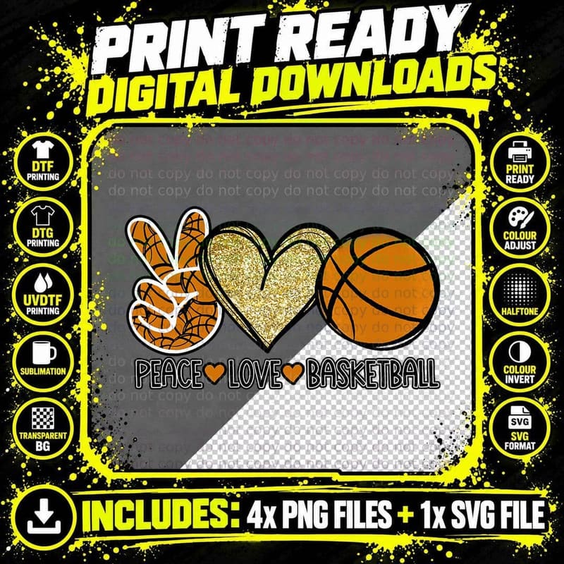 Peace Love Basketball - Heart Ball Sports Team Game Png SVG Digital Bundle