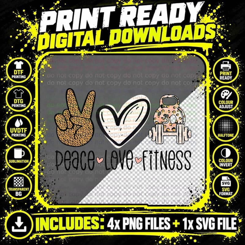 Peace Love Fitness Leopard Print Gym Lover Gift Workout Png SVG Digital Bundle