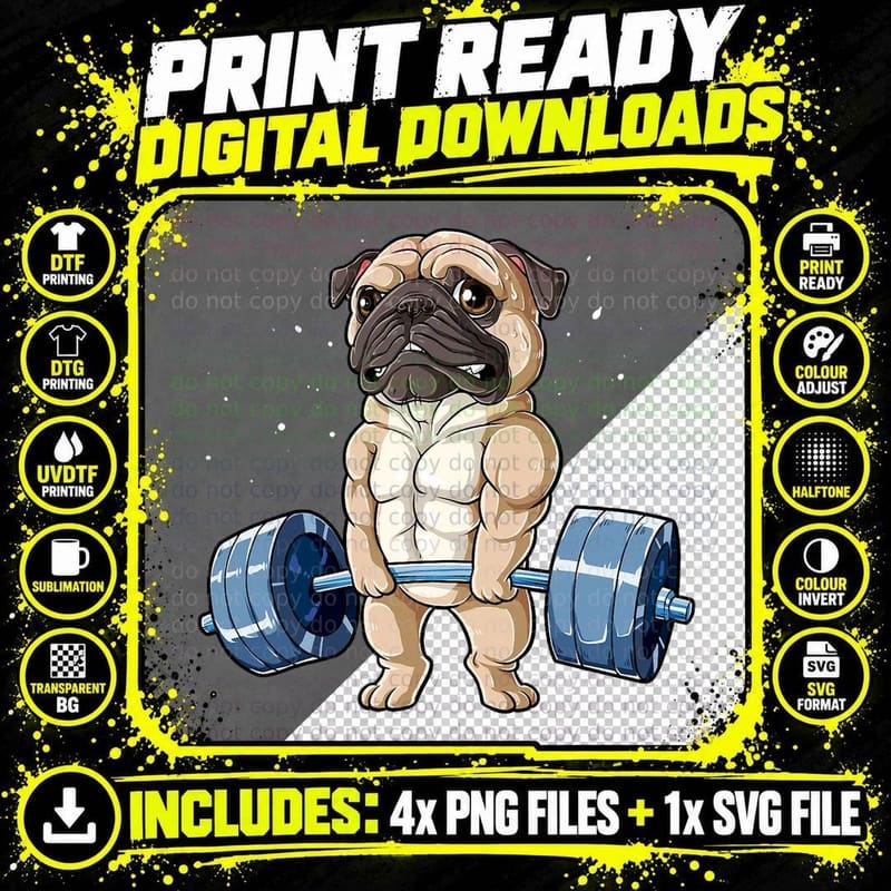 Pug Weightlifting Funny Deadlift Men Fitness Gym Workout Png SVG Digital Bundle